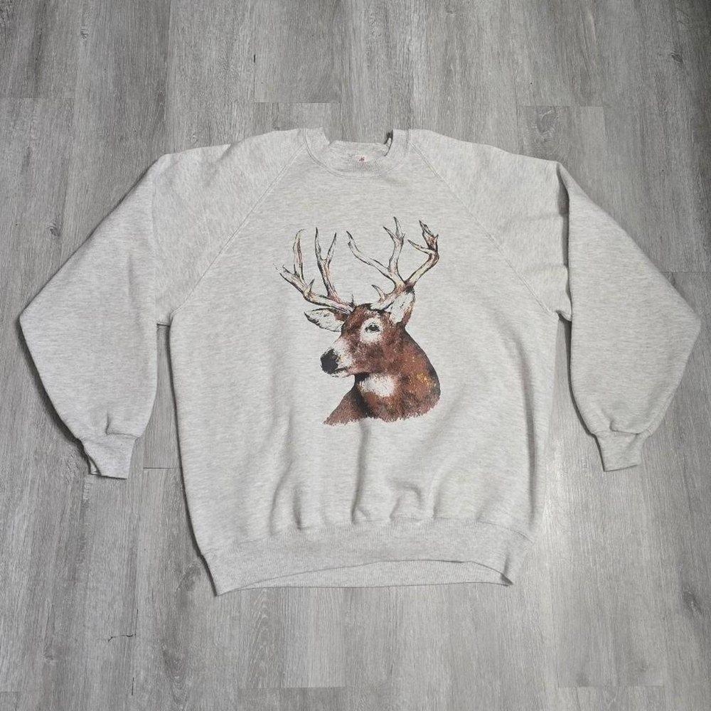 Vintage 90s Deer Nature Wildlife Gray Crewneck Sweatshirt Mens Size 2XL
